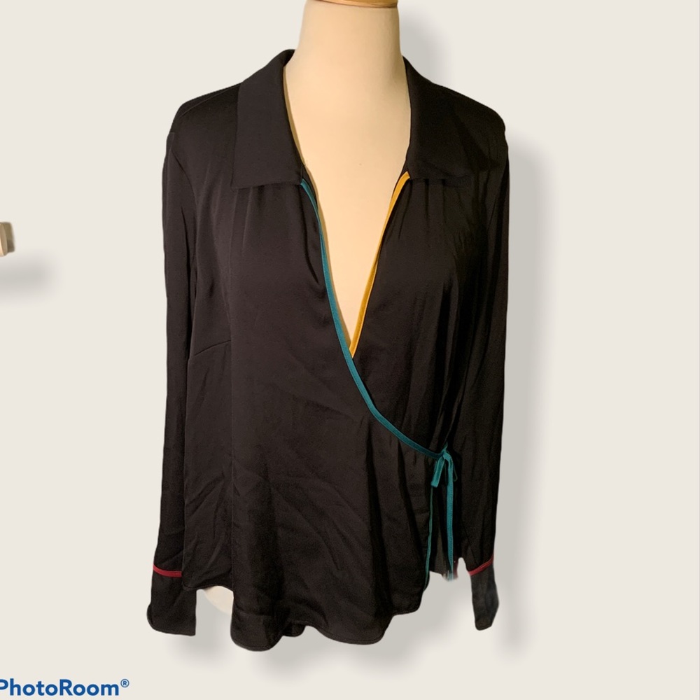 BCBGeneration Black Surplus’s Bodice Wrap Blouse With Sleeve Ties, XL - Picture 2 of 11